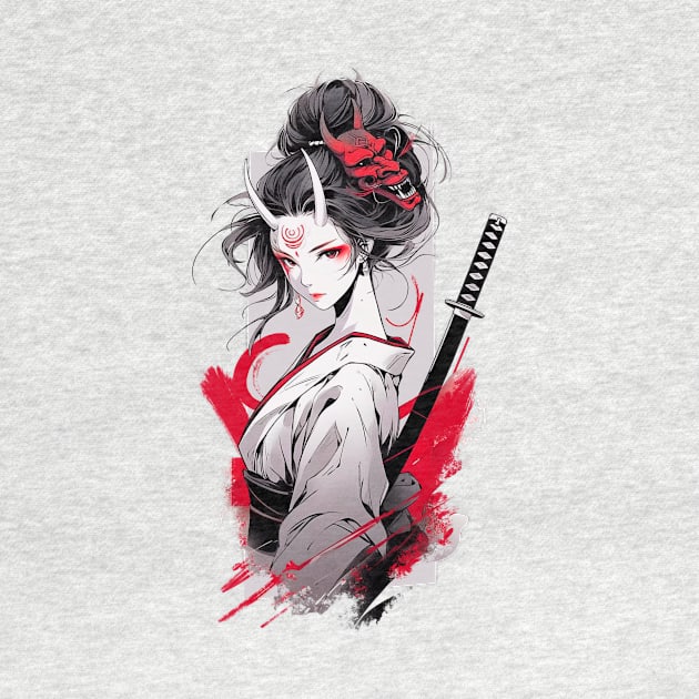 Beautiful girl with horns,  katana,Asian drawing by NemfisArt